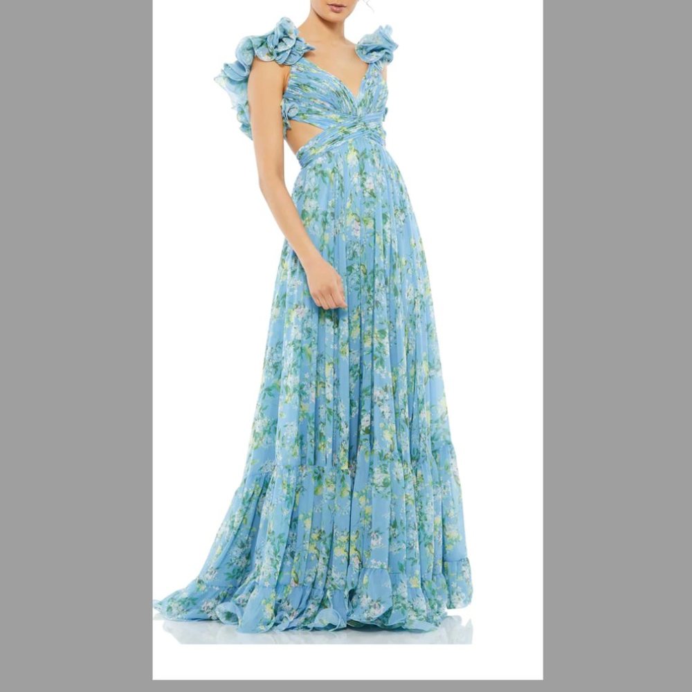 Mac Duggal RUFFLE TIERED FLORAL CUT-OUT CHIFFON GOWN - BLUE